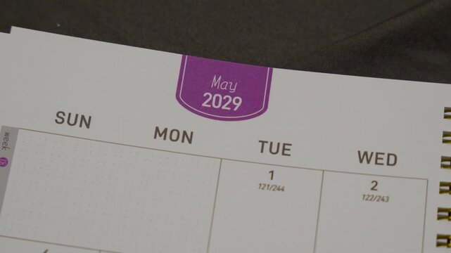 May 2029 planner page close up for monthly scheduling concept with calendar layout and time organization