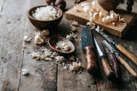 A wooden workbench shows tools like knives and a bowl with shavings on top. Carving activities are happening with numerous wood scraps scattered around. The workspace looks busy with wood pieces