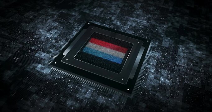 Luxemburgish flag on computer cpu. Lux banner digital and cyber technology concept animation.