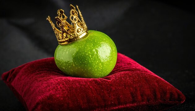 A single green pea adorned with a tiny golden crown rests regally upon a plush red velvet pillow, symbolizing nature's luxury and royal bounty.