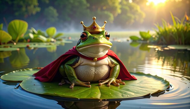 A regal frog wearing a golden crown and red velvet cape sits majestically on a lilypad in a tranquil pond