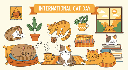 Obraz na płótnie Canvas International Cat Day illustration with cats and plants