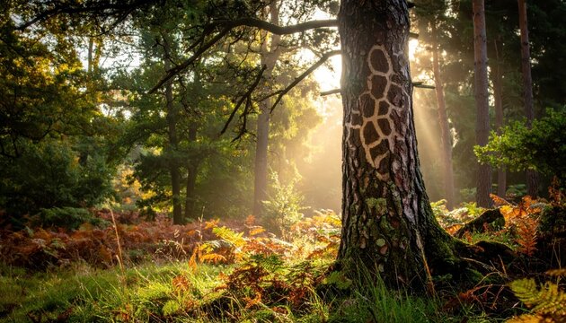 A remarkable tree trunk displays distinctive giraffe-like markings amidst a sunlit forest floor with autumnal foliage.