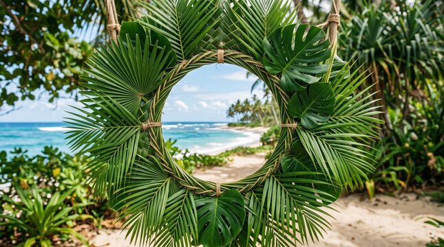 Tropical paradise framed by lush green foliage overlooking a serene ocean vista with clear blue skies