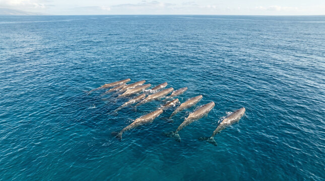 Aerial view of sperm whales swimming peacefully in the ocean.
