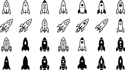 Rocket ship vector icon set featuring spaceship silhouettes line art and business startup launch concept illustrations for marketplace design © Niheranjan