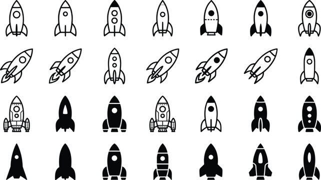 Rocket ship vector icon set featuring spaceship silhouettes line art and business startup launch concept illustrations for marketplace design