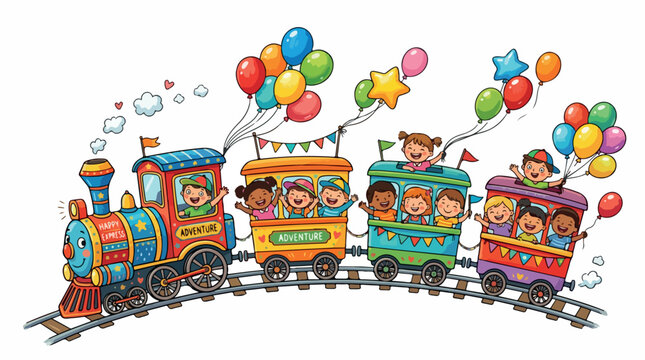 Colorful cartoon toy train with smiling passengers and festive balloons chugging along a bright track