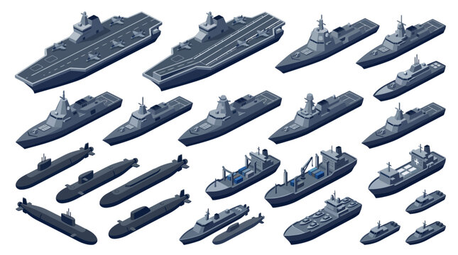 Isometric futuristic naval fleet asset bundle with military warships aircraft carriers submarines and cargo logistics vessels flat vector illustration