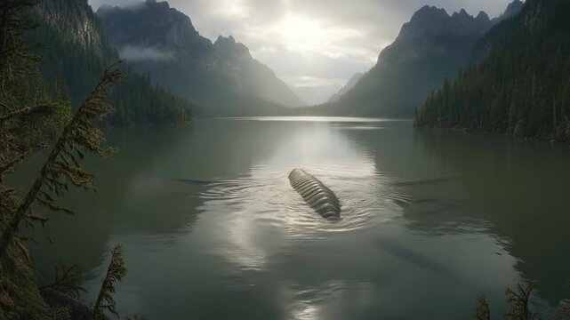 Giant Sea Monster Swimming in a Misty Mountain Lake