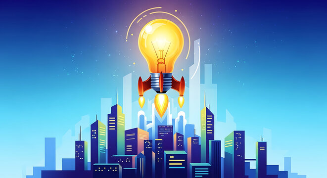 Lightbulb rocket launches into the sky over a dense metropolitan cityscape representing a startup business venture.