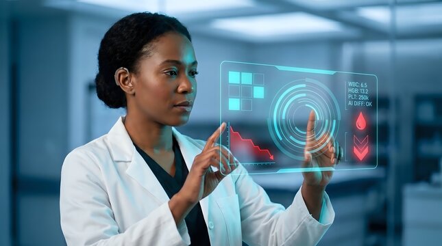 Focused Black Female Internist with Hearing Aid Analyzing AI Blood Test Hologram Copyspace