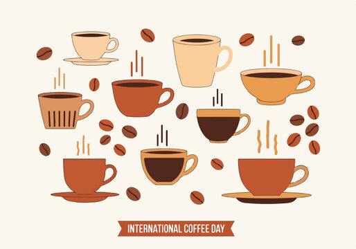 International coffee celebration with various cups and beans