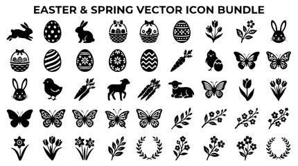 Obraz premium Easter and spring icon collection with rabbit eggs flowers and holiday symbols
