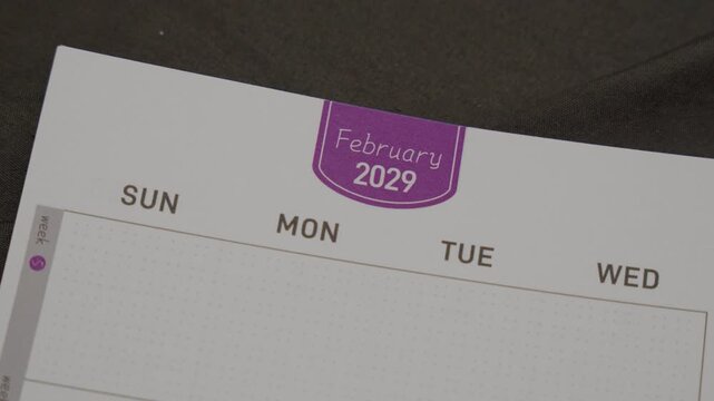 February 2029 planner page close up for monthly calendar concept with scheduling and organization layout