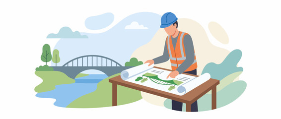 Obraz premium Engineer Planning Bridge Construction Project on Blueprint