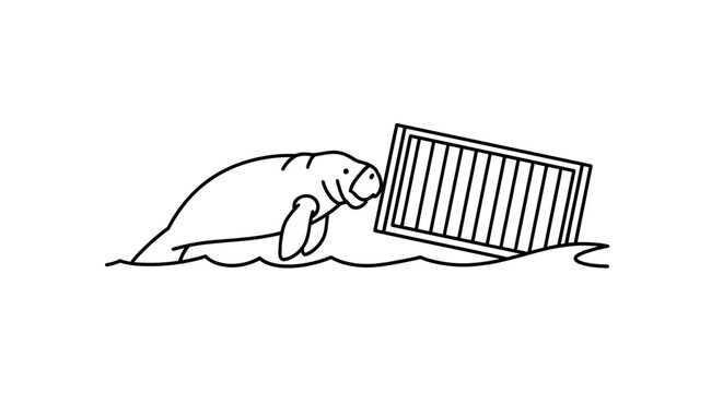 Gentle Manatee Interacting with a Rectangular Structure in Water.