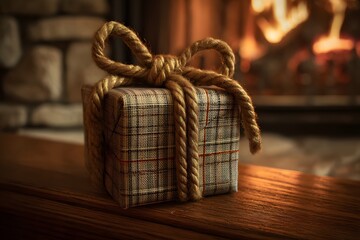 Obraz premium A beautifully wrapped gift box with a classic plaid pattern and thick rope tie, resting on a wooden surface with a warm fireplace glow in the background.