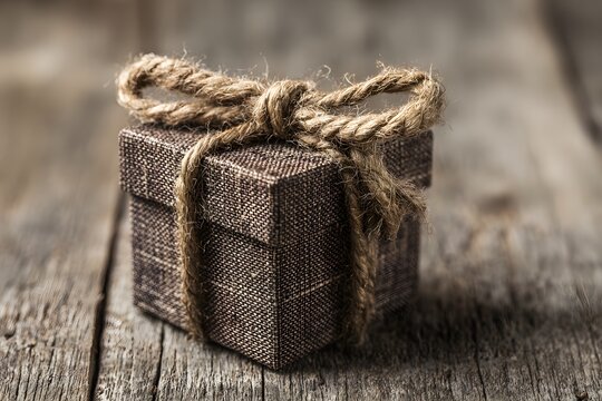 Rustic brown fabric gift box tied with natural twine bow on weathered wooden surface