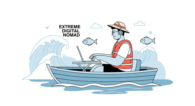 Extreme Digital Nomad Working on Laptop in Boat Amidst Waves, Reflecting Modern Remote Work Lifestyle