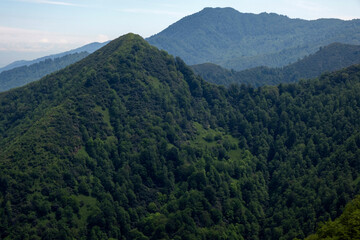 Fototapeta premium Scenic view of green forested mountain ridges and rolling hills under a blue sky