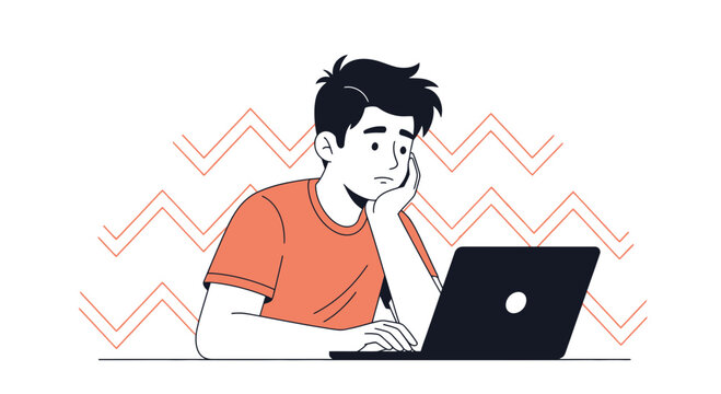 Frustrated young man looking at laptop screen, feeling bored or overwhelmed by digital work or online content.