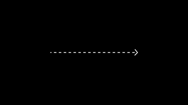 Minimalist animated dashed arrow line pointing right on black background, for motion dashed, line motion animation