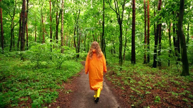 Person in orange raincoat walking forest trail in rain