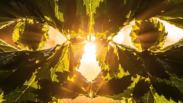 Humanoid face formed by green leaves with sun rays shining through. Artistic spirit of nature or Green Man concept in a forest. Ecology and conservation theme for environmental marketing.