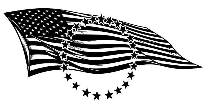 Waving usa flag graphic with circular star pattern silhouette american silhouette