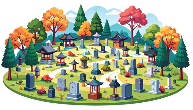 Cartoon cemetery with gravestones and trees.
