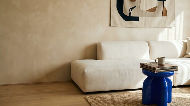 Editorial Midimalism Luxury Living Room with Expressive Decor and Blank Limewash Wall