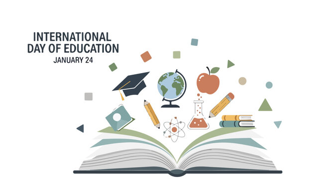 Education icons emerge from open book