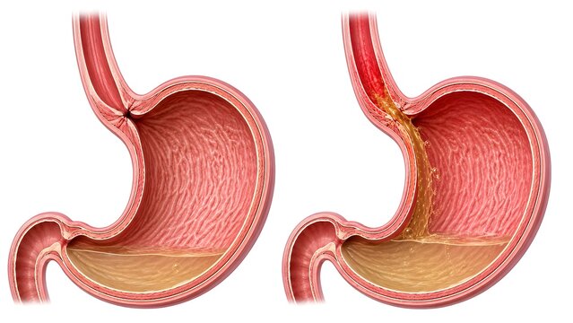 Normal vs GERD (Gastroesophageal Reflux Disease) Anatomy Comparison, Realistic Medical Illustration of Acid Reflux and Lower Esophageal Sphincter Dysfunction