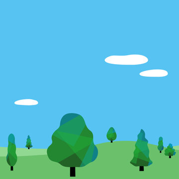 穏やかな春の風景ー木と丘と雲　ベクターイラスト