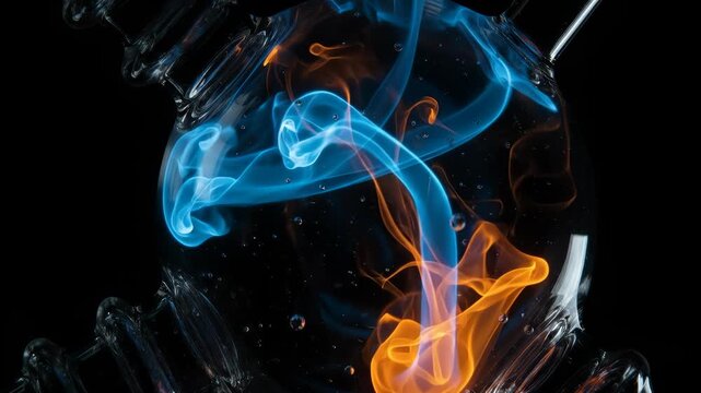 Blue and Orange Ink Swirling Inside Glass Sphere Container