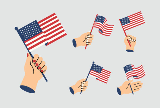 Hands holding small American flags on sticks, patriotic symbols for USA Independence Day, 4th of July celebration, voting and election concept, flat illustration isolated on background
