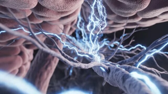 Cinematic 3D visualization of sensory neurons transmitting information through the human nervous system intricate neural pathways glowing blue synapses and realistic electrical impulses flowing betwee