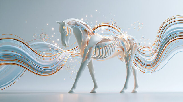 3D render of an anatomical white horse model with skeleton and muscles for bionics research