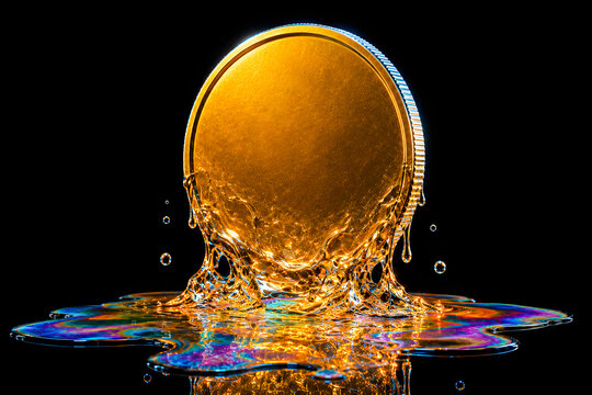 Gold coin melting into liquid gold with iridescent interference pool, surreal devaluation concept, economic vulnerability, black background
