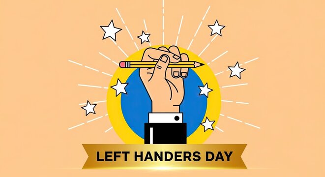 Left handers day illustration with hand holding pencil and stars on orange background