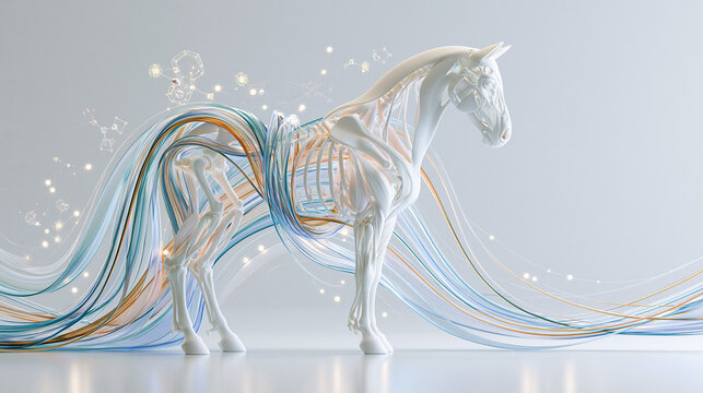 Advanced 3D render of a white horse skeleton model with digital blueprint CAD graphics
