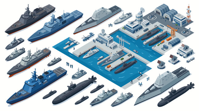 Modern Stealth Navy Warship and Naval Base Isometric Vector Asset Collection