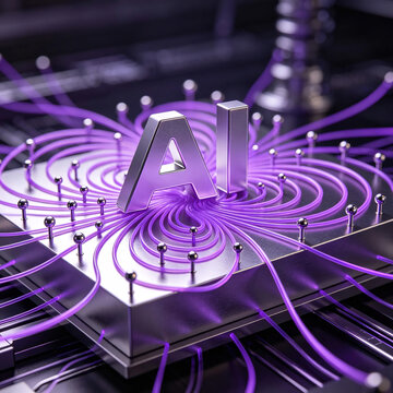 AI high temperature superconductor flux pinning, 'AI' text, magnetic flux vortices pinned in high temperature superconductor material, purple flux lines pinned by defects