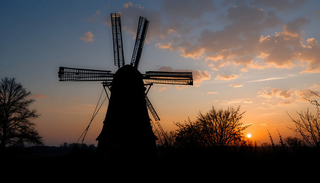 Silhouette of a traditional windmill at sunset, with trees and cloudy sky clouds