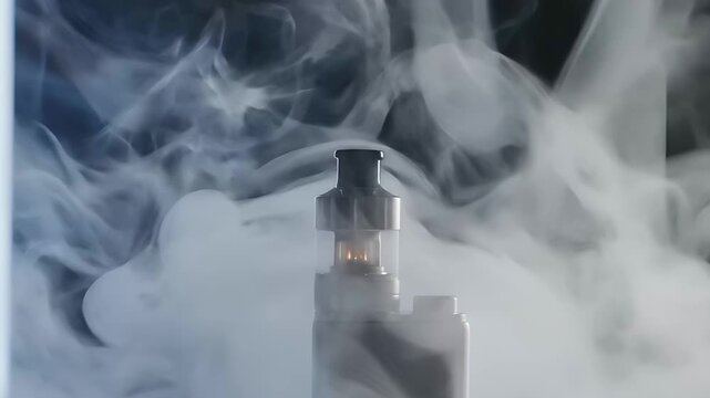 Electronic cigarette mod emitting thick vapor on a dark background. Glowing atomizer coil is visible through the clear tank. Vaping culture and smoking alternative concept for retail use.