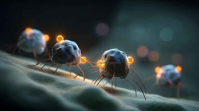 Nanorobot Microscopic view of futuristic robotic probes examining biological microorganisms. High-tech nanomedicine presentation banner with selective focus.