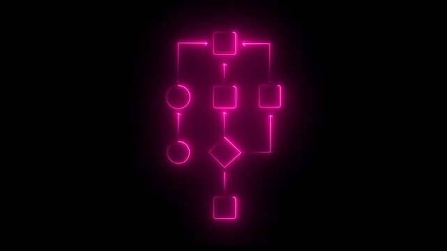 Neon flowchart diagram animation: digital business process and logic workflow concept