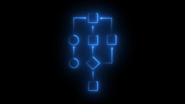 Glowing blue neon flowchart diagram animation, digital process logic and data workflow concept for technology and business presentations