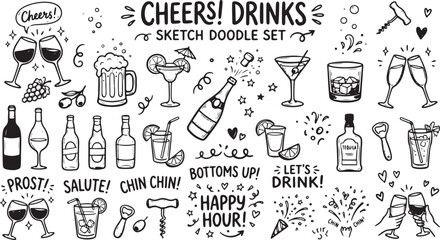 Hand drawn cheers drinks sketch doodle set, black and white alcohol beverage icons, cocktail and wine bottle illustrations for bar menus, eps vector © Ali